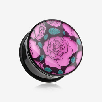 A Pair of Glow in the Dark Romantic Roses Single Flared Ear Gauge Plug-Purple